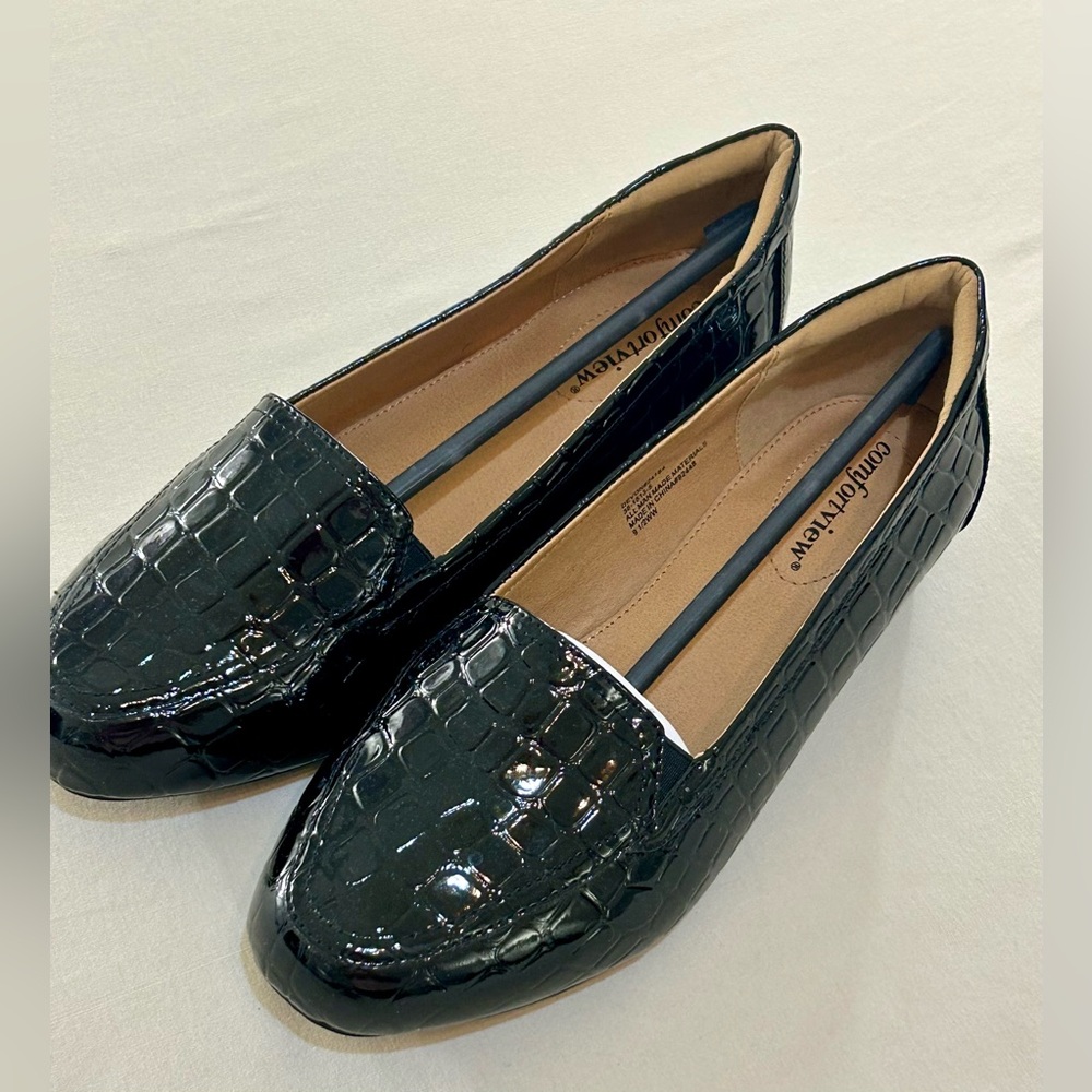 NEW Comfortview Women's The Leisa Slip On Flat Loafer Black Faux Croc Size 9.5 W